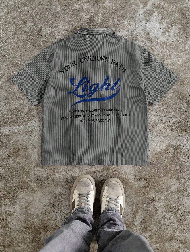 Men's Casual Striped & Letter Print Short Sleeve Shirt, Summer, Casual, Streetwear