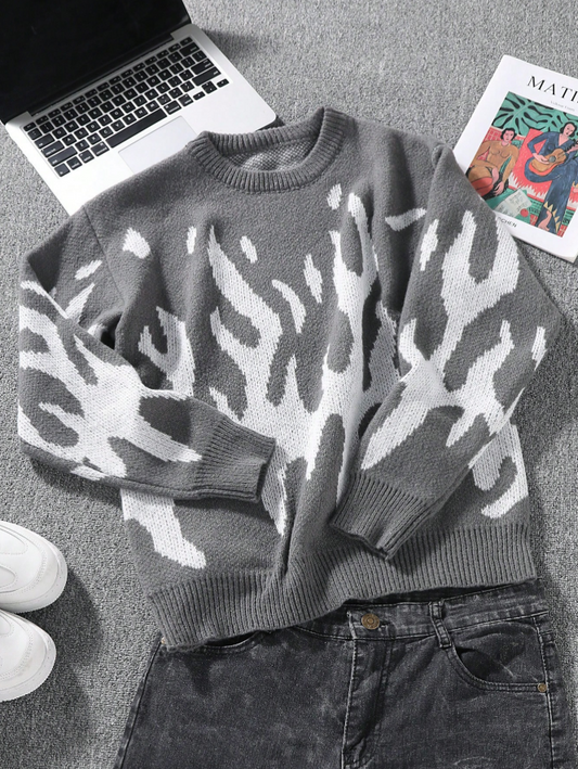 Men's Round Neck Long Sleeve Pattern Detail Casual Sweater