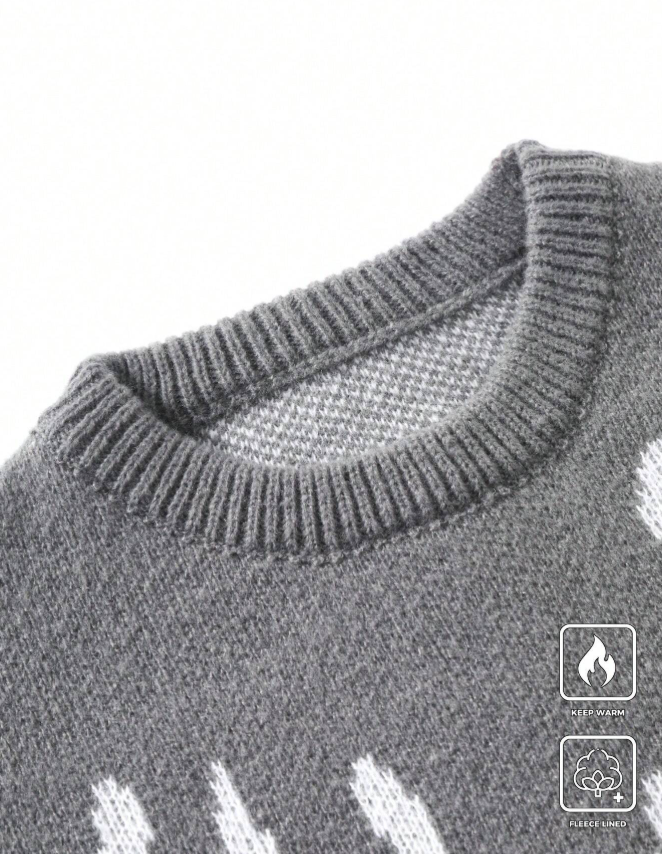 Men's Round Neck Long Sleeve Pattern Detail Casual Sweater