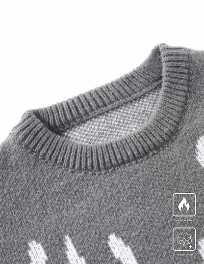 Men's Round Neck Long Sleeve Pattern Detail Casual Sweater
