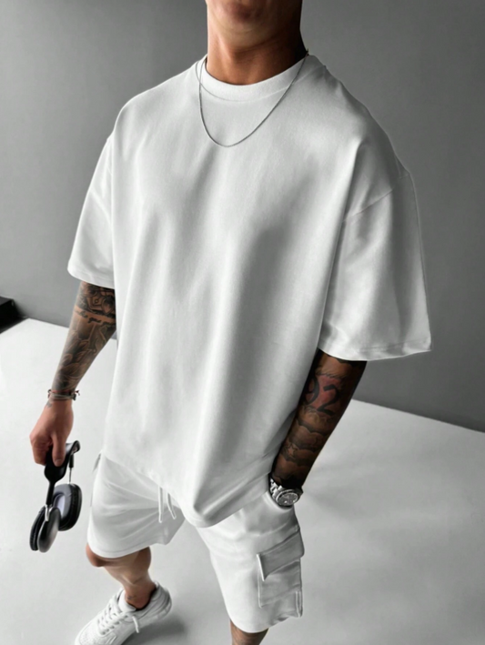 Men's Solid White Round Neck Casual Loose Short Sleeve T-Shirt, For Summer Everyday Wear