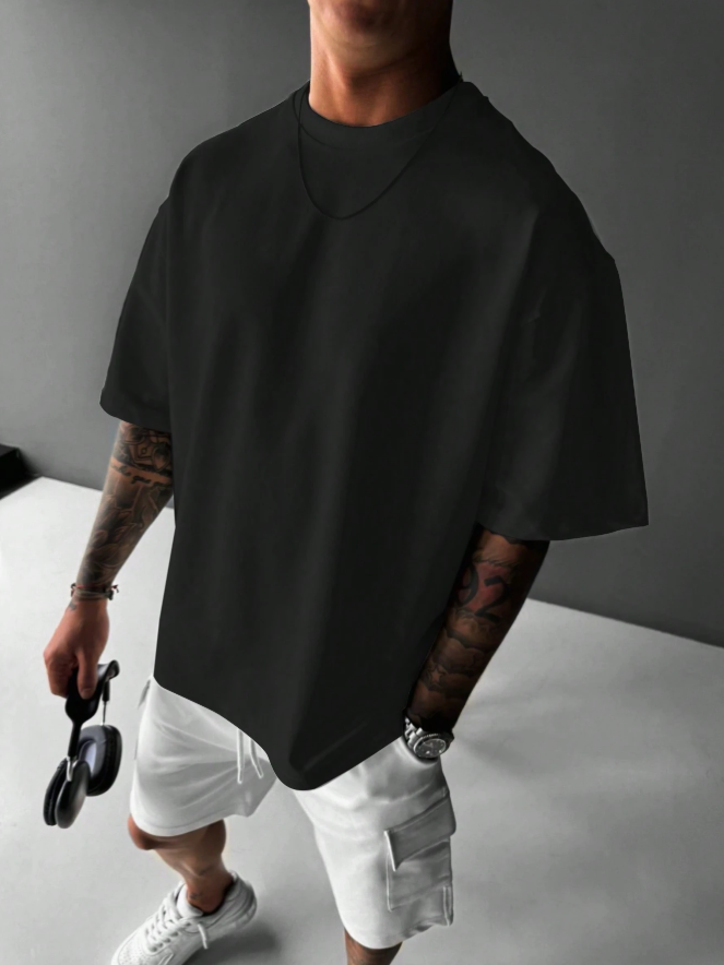 Men's Casual Solid Black Color Drop Shoulder Round Neck Loose T-Shirt, Summer