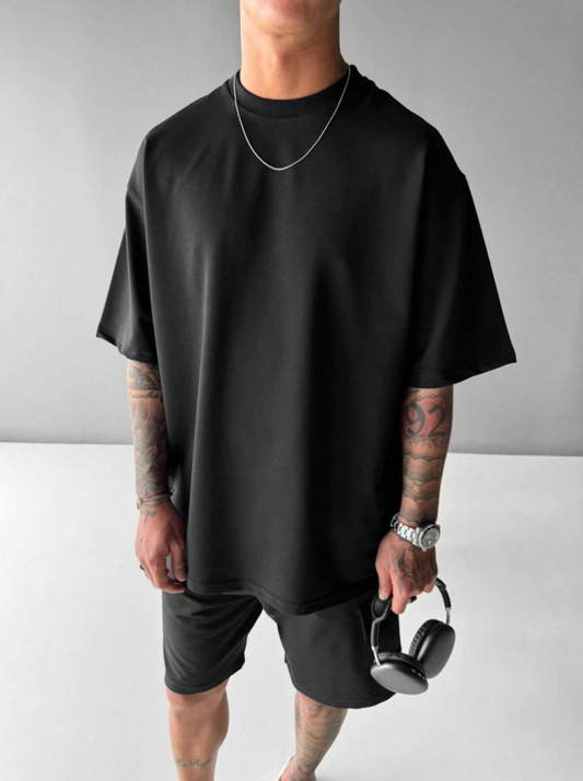 Men's Casual Solid Black Color Drop Shoulder Round Neck Loose T-Shirt, Summer