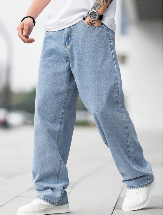 Loose Fit Men's Cotton Jeans With Slant Pockets