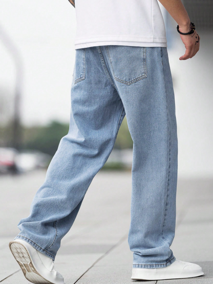 Loose Fit Men's Cotton Jeans With Slant Pockets