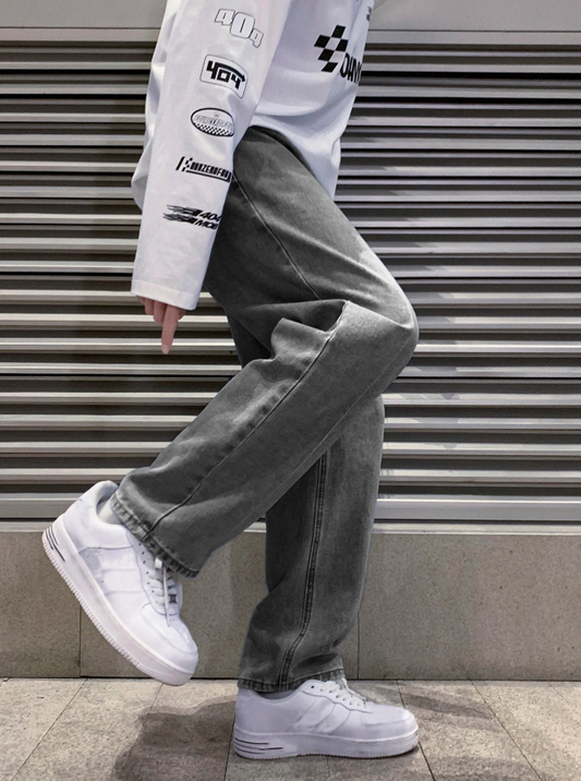 Men Grey Slant Pocket Loose Jeans