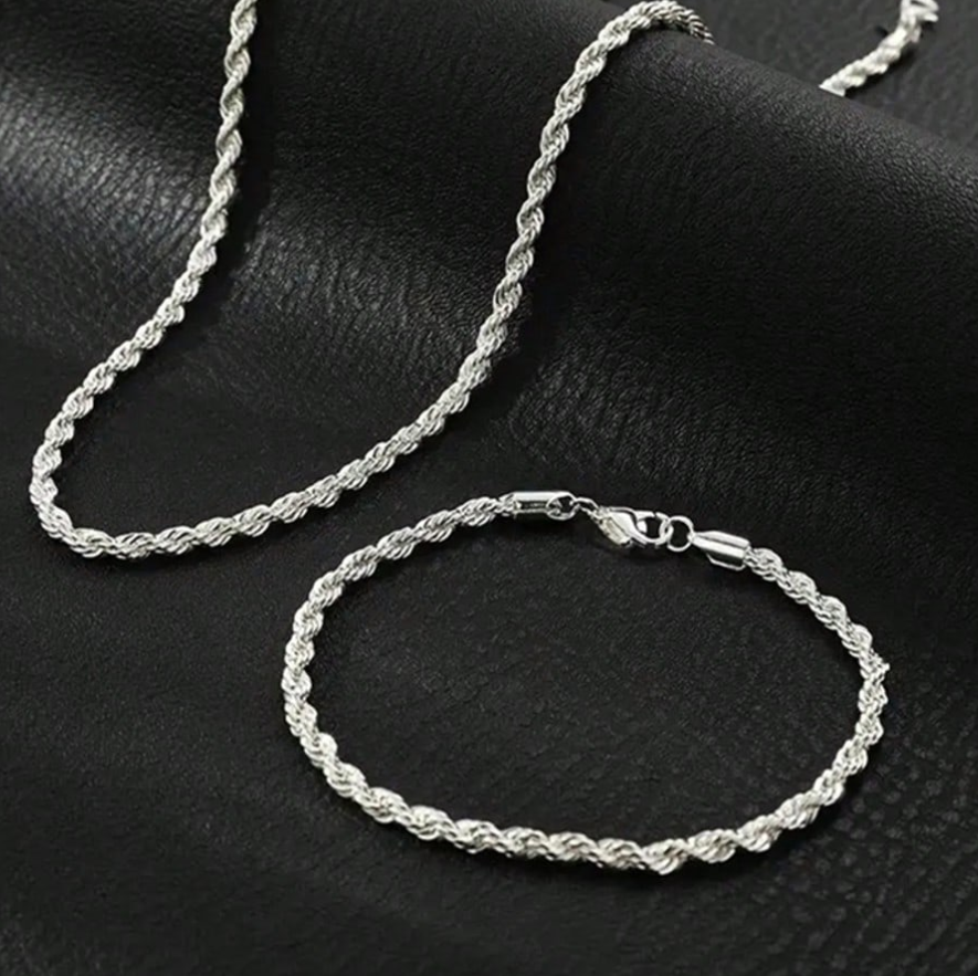 2pcs/Set New Fashion Twist Chain Necklace And Bracelet Set, Silver
