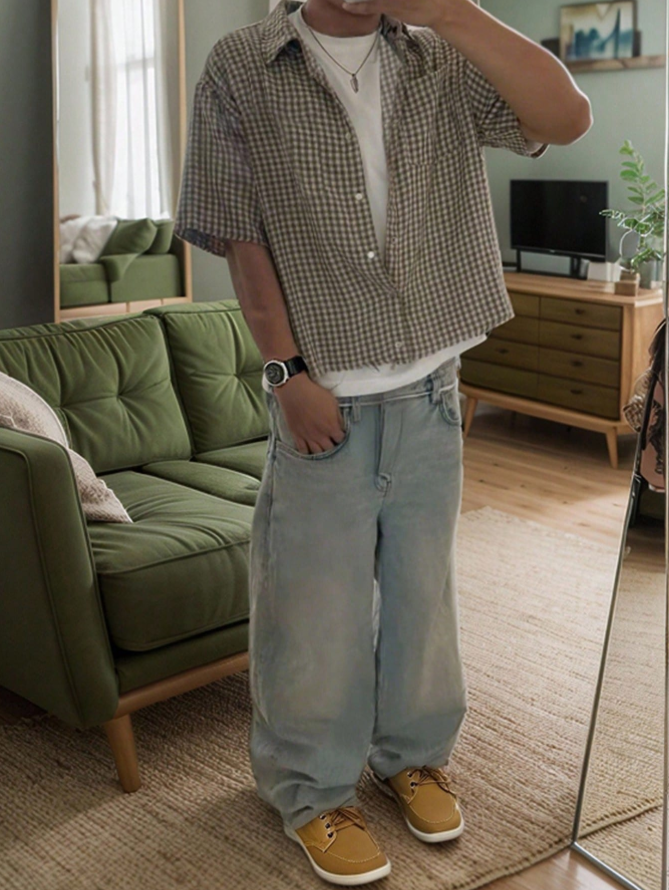 Men's Casual Plaid Short Sleeve Shirt, Summer