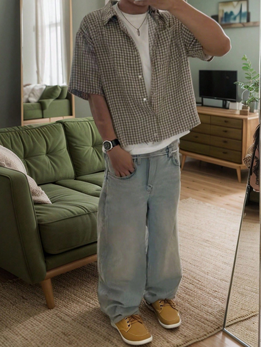 Men's Casual Plaid Short Sleeve Shirt, Summer