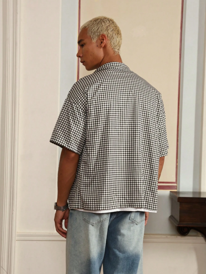 Men's Casual Plaid Short Sleeve Shirt, Summer