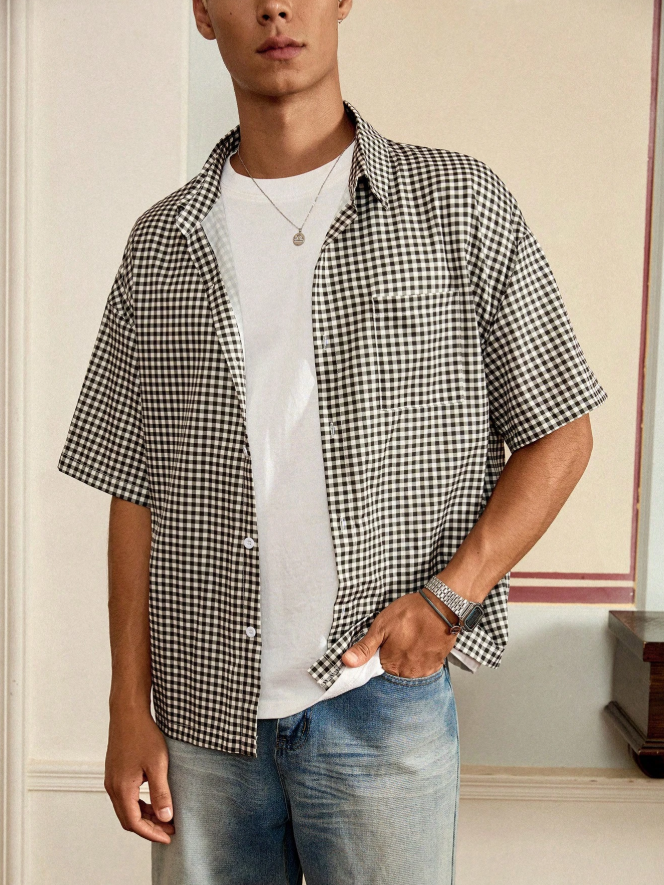 Men's Casual Plaid Short Sleeve Shirt, Summer